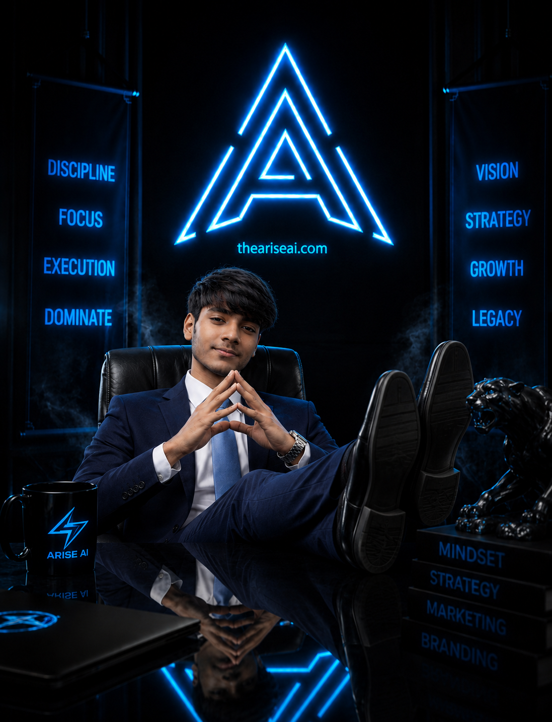 Aryan Srivastav seated in a navy suit at a glossy black desk, fingers steepled, feet up — flanked by neon-blue banners reading Discipline, Focus, Execution, Dominate, Vision, Strategy, Growth, Legacy. A glowing neon Arise AI 'A' monogram and theariseai.com glow behind him, with a black panther statue, an Arise AI mug, and stacked books labeled Mindset, Strategy, Marketing, Branding.